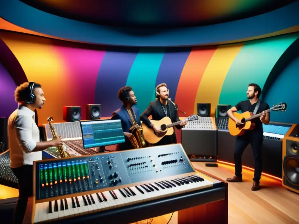 Un grupo de músicos colaborando en un estudio de grabación, fusionando instrumentos tradicionales con tecnología digital