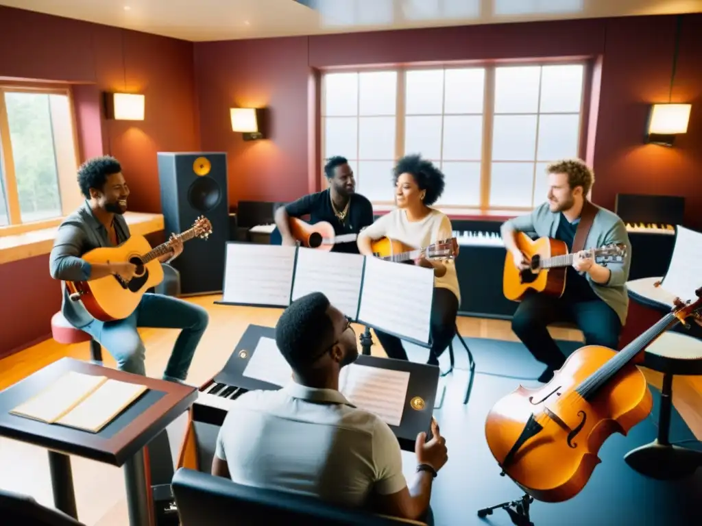 Un grupo de músicos colaborando en un estudio, versionando música