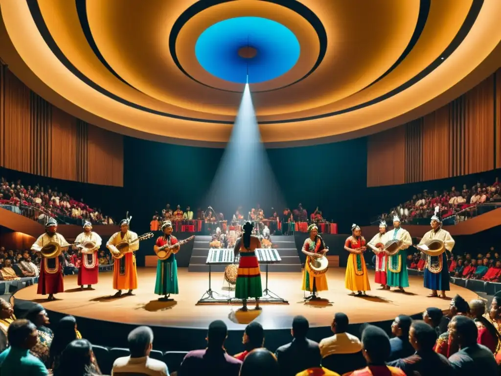 Grupo de músicos indígenas tocando en un escenario moderno, envueltos en trajes tradicionales y luces coloridas