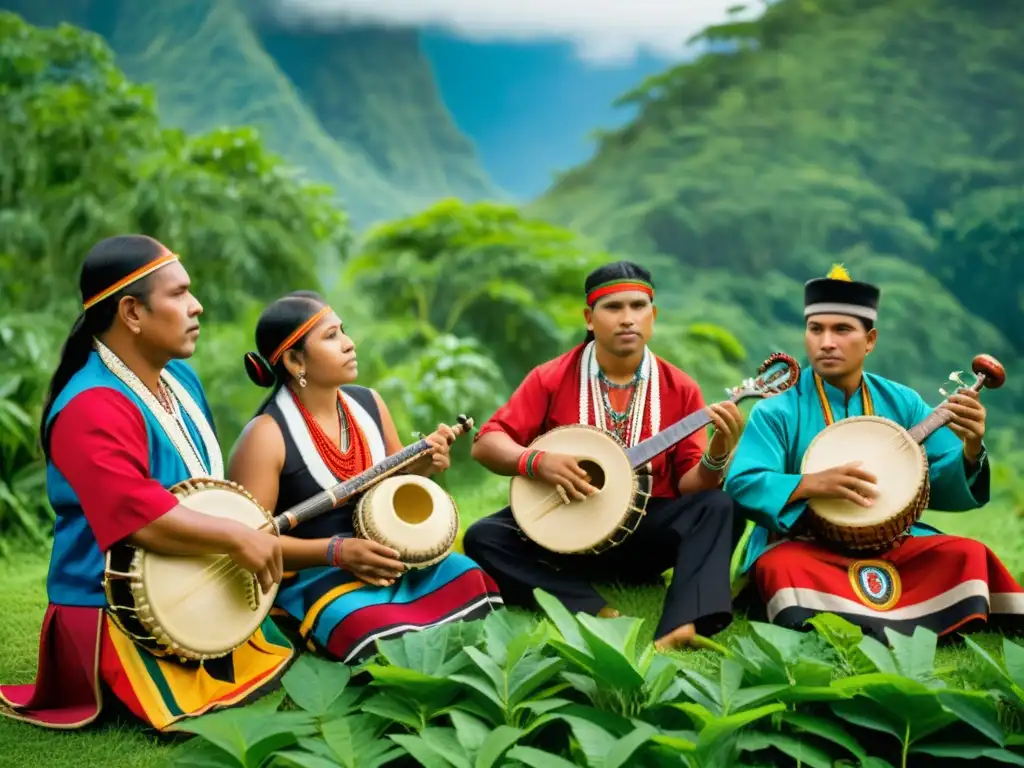 Un grupo de músicos indígenas toca instrumentos tradicionales rodeados de exuberante vegetación