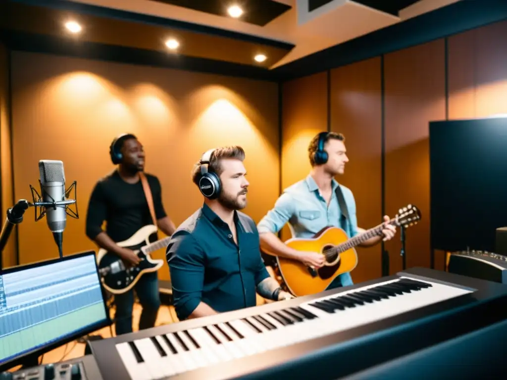 Un grupo de músicos grabando una versión en un estudio profesional, mostrando pasión y enfoque