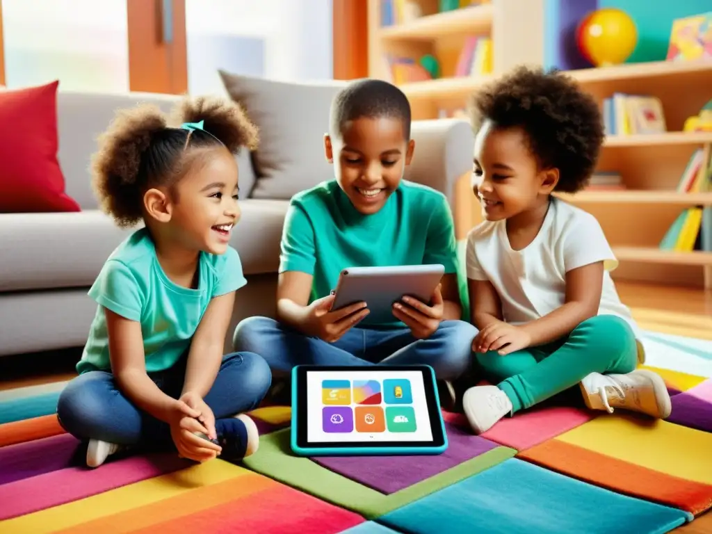 Un grupo de niños diversos mirando con curiosidad y entusiasmo una tablet con contenido educativo en una sala moderna y acogedora