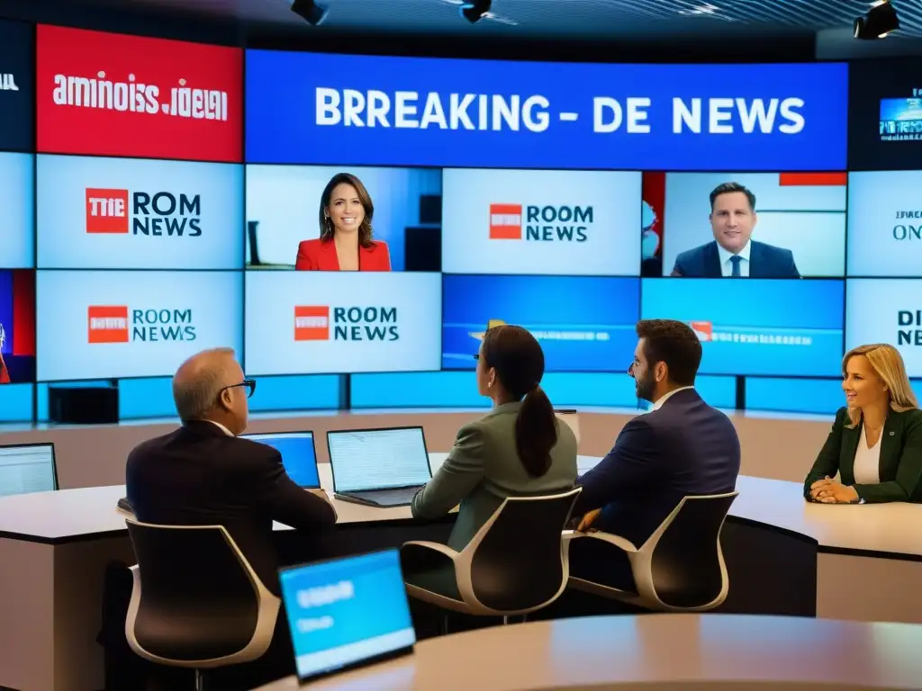 Un grupo de periodistas en una sala de redacción moderna, inmersos en discusiones animadas y rodeados de pantallas digitales con noticias