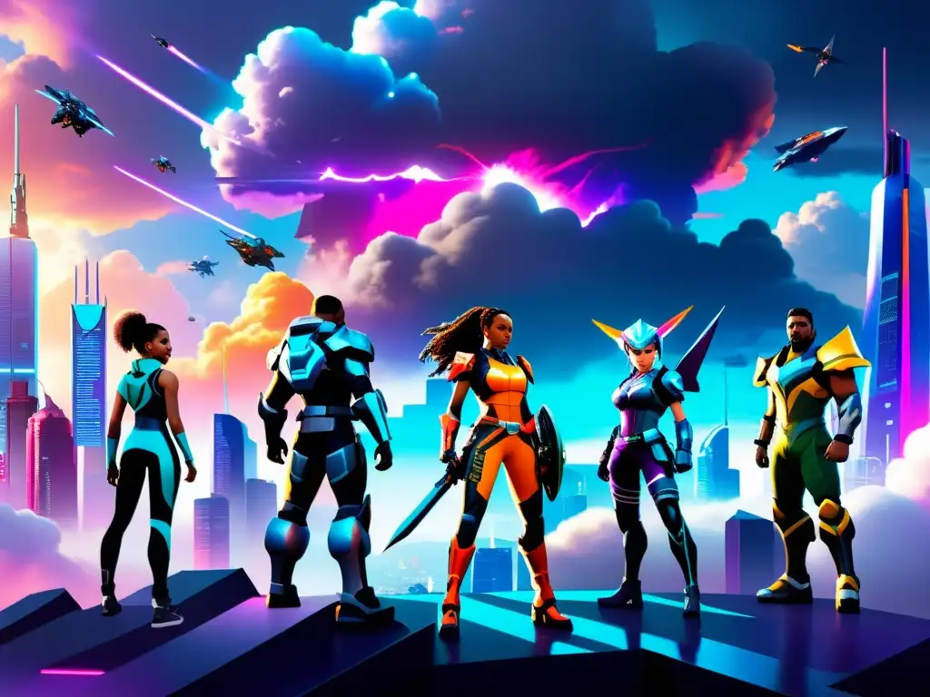 Un grupo de personajes de videojuegos diversos en un campo de batalla futurista entre nubes, con gráficos vibrantes y colores neón, exudando acción y diseño de vanguardia