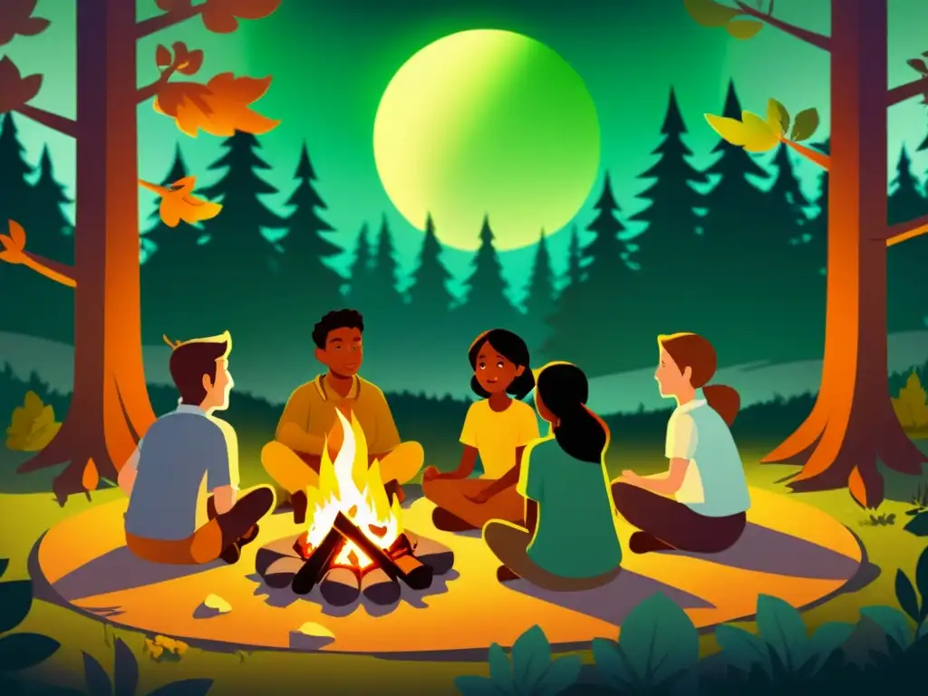 Un grupo de personas escucha cautivado a un narrador junto al fuego en un bosque mágico