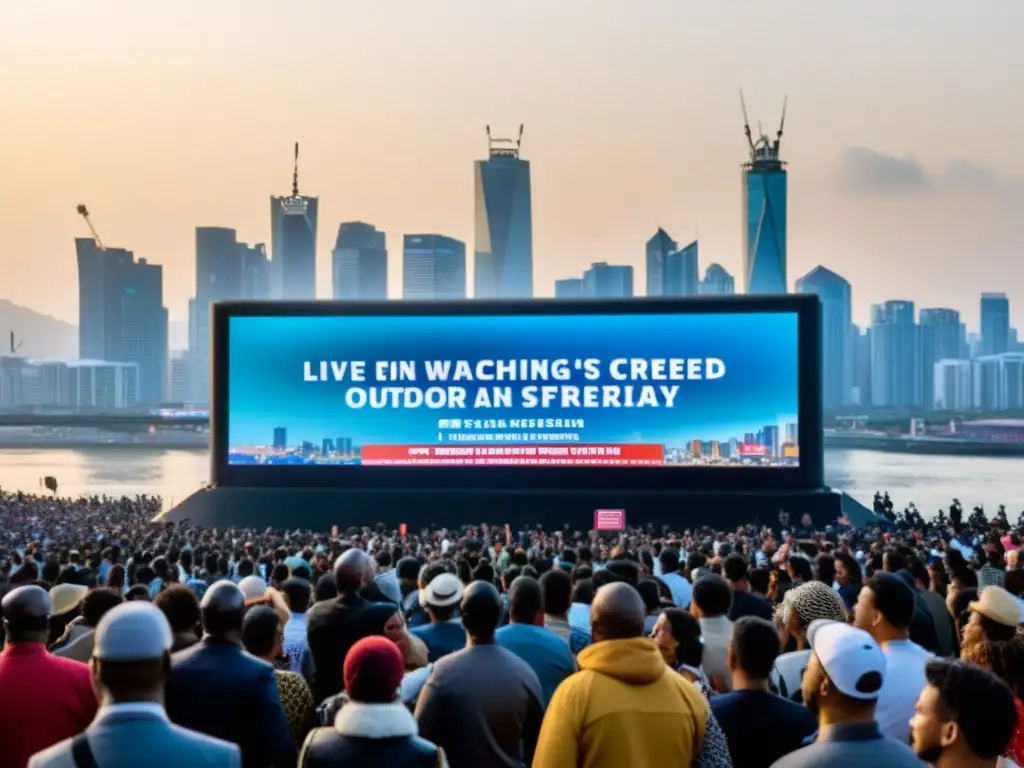 Un grupo de personas observa un evento en pantalla gigante al aire libre, mostrando diversas emociones