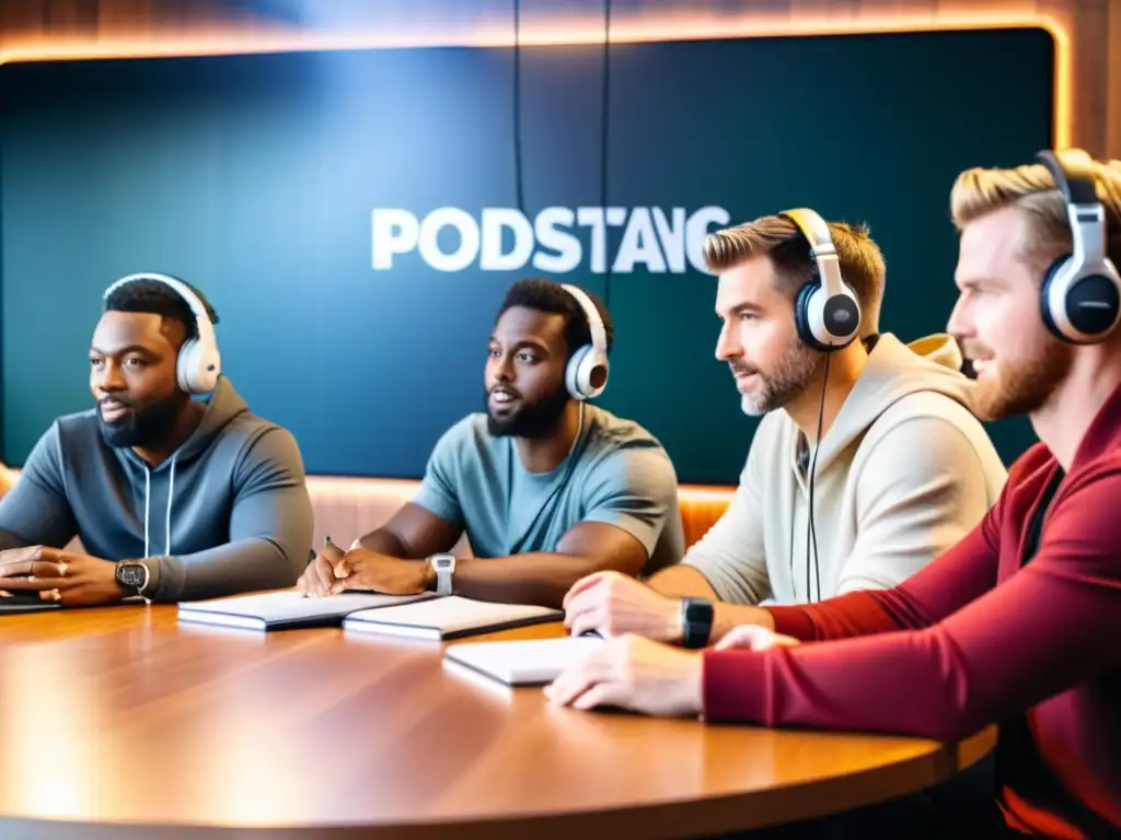 Un grupo de podcasters con auriculares discuten sobre consejos legales para podcasters de marcas, rodeados de tecnología moderna y profesionalismo
