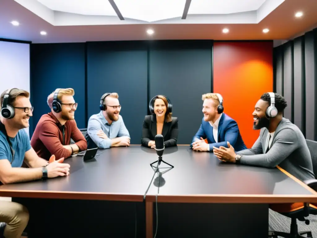 Un grupo de podcasters se reúnen en una mesa, con micrófonos frente a ellos, enérgicos y apasionados en una sala profesional y moderna