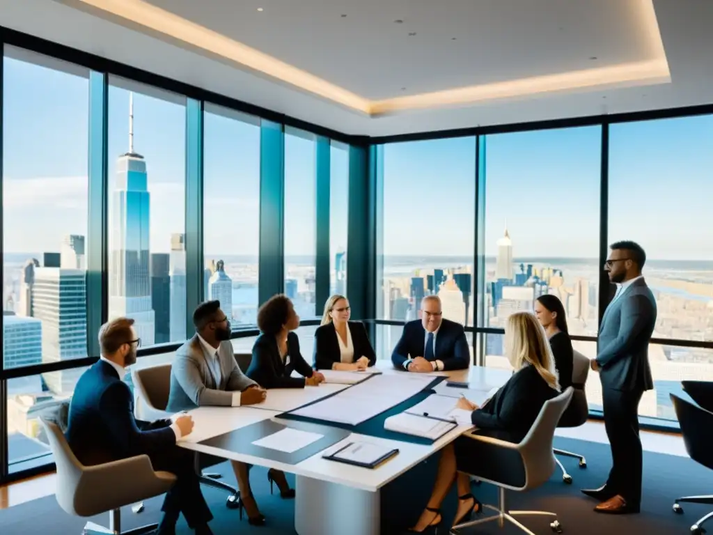 Un grupo de profesionales discute un contrato para eventos en una oficina moderna con vista a la ciudad