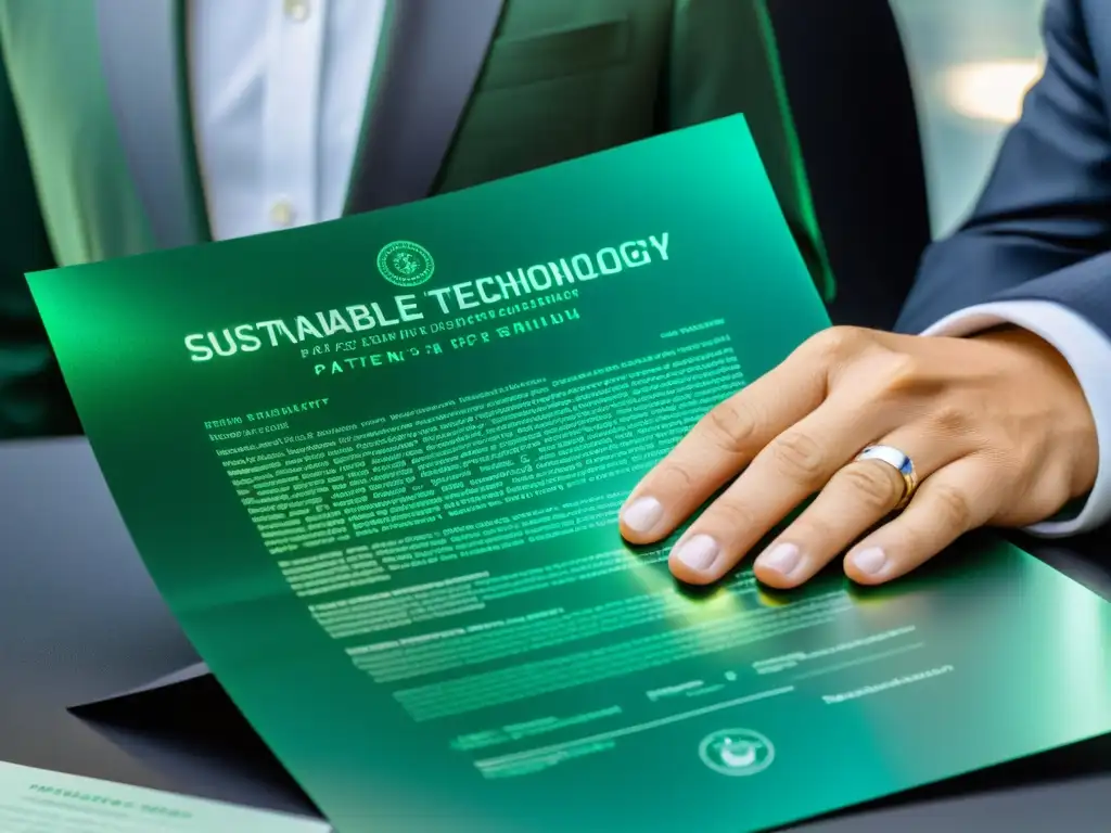 Un grupo de profesionales examina detenidamente un documento de patente de tecnología verde para marcas, mostrando determinación e innovación