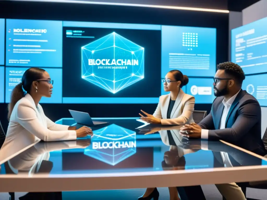 Un grupo de profesionales diversos debatiendo la ética en el uso de Blockchain, con pantallas holográficas futuristas mostrando datos complejos