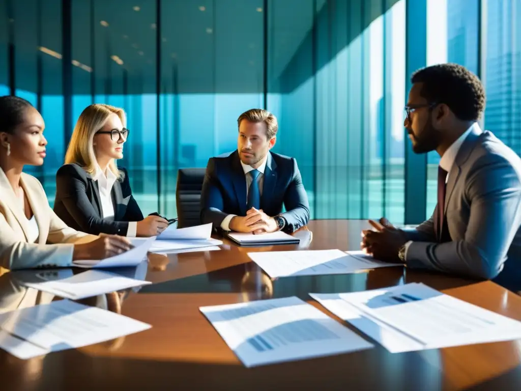 Intensa reunión de abogados y profesionales de negocios debatiendo el CPTPP Un grupo de profesionales debate el impacto del acuerdo CPTPP sobre propiedades intelectuales en una sala de conferencias moderna y luminosa, con documentos y dispositivos digitales frente a ellos