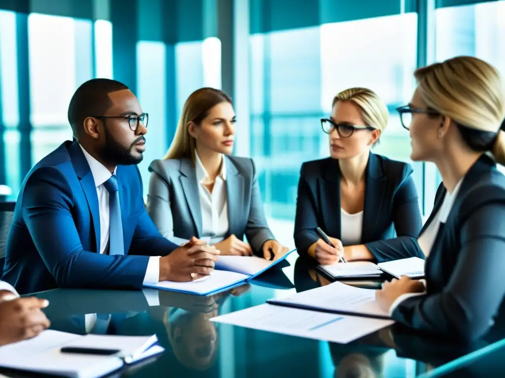 Un grupo de profesionales legales serios discuten en una oficina moderna, exudando confianza y determinación al manejar una crisis de marca