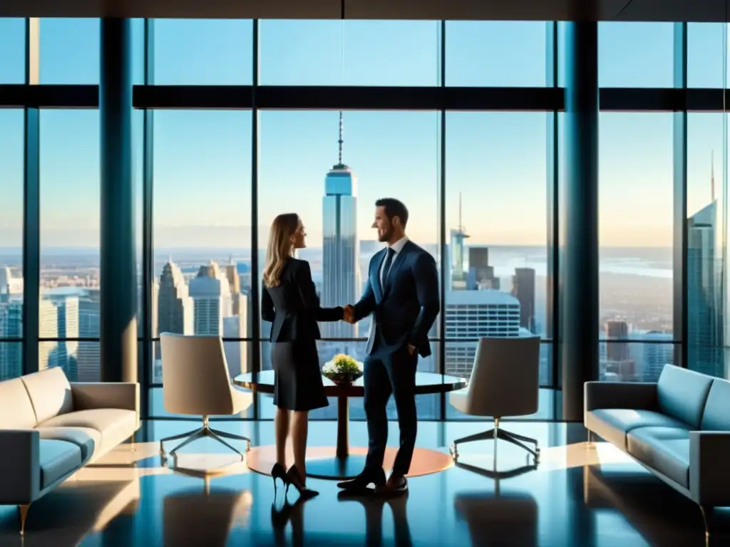 Un grupo de profesionales de negocios se dan la mano en una elegante sala de juntas, con la ciudad de fondo a través de las ventanas de piso a techo