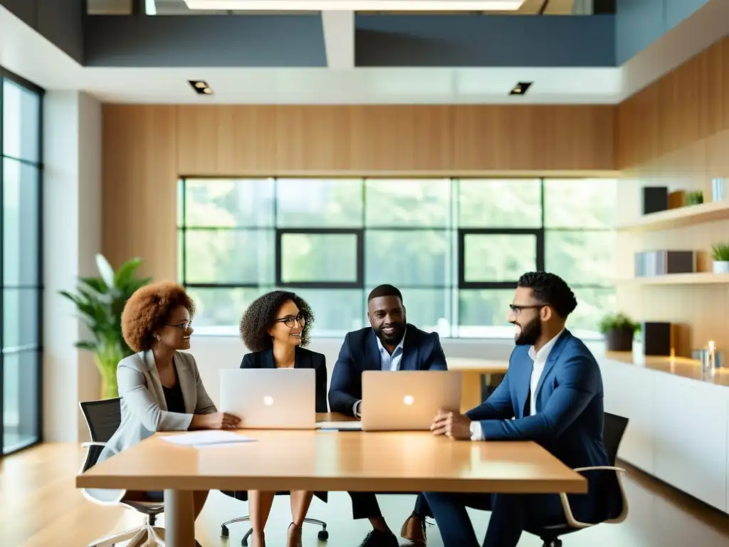 Un grupo de profesionales diversos colaborando en una oficina moderna, reflejando modelos de negocio abiertos y propiedad intelectual