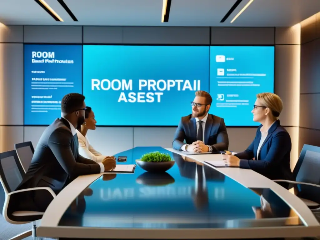 Grupo de profesionales en una sala de juntas moderna, enfocados en pantalla digital con estrategias de propiedad intelectual