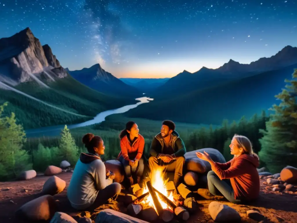 Un grupo variado de personas escuchando a un narrador junto a una fogata bajo un cielo estrellado