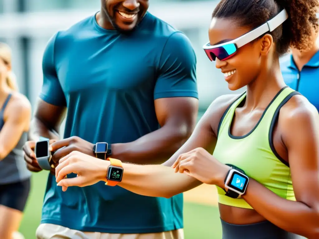 Grupo usando wearables en diversas actividades, mostrando el impacto de las patentes en wearables con innovación y diseño moderno