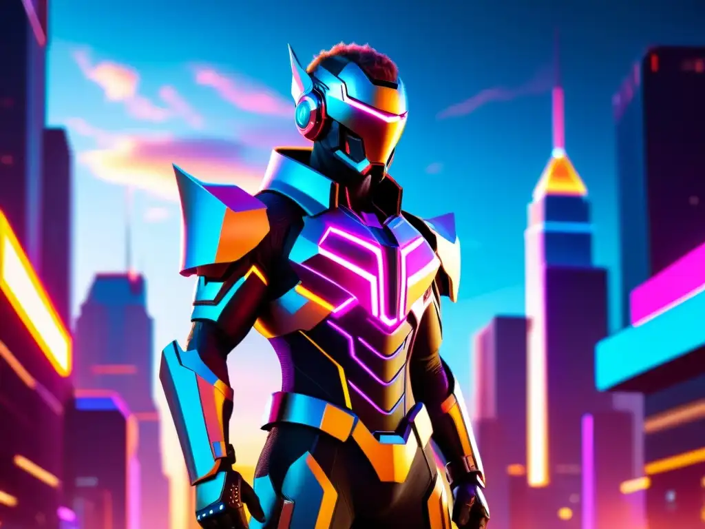 Un guerrero futurista protegido con armadura de vanguardia y un arma tecnológica en una ciudad vibrante