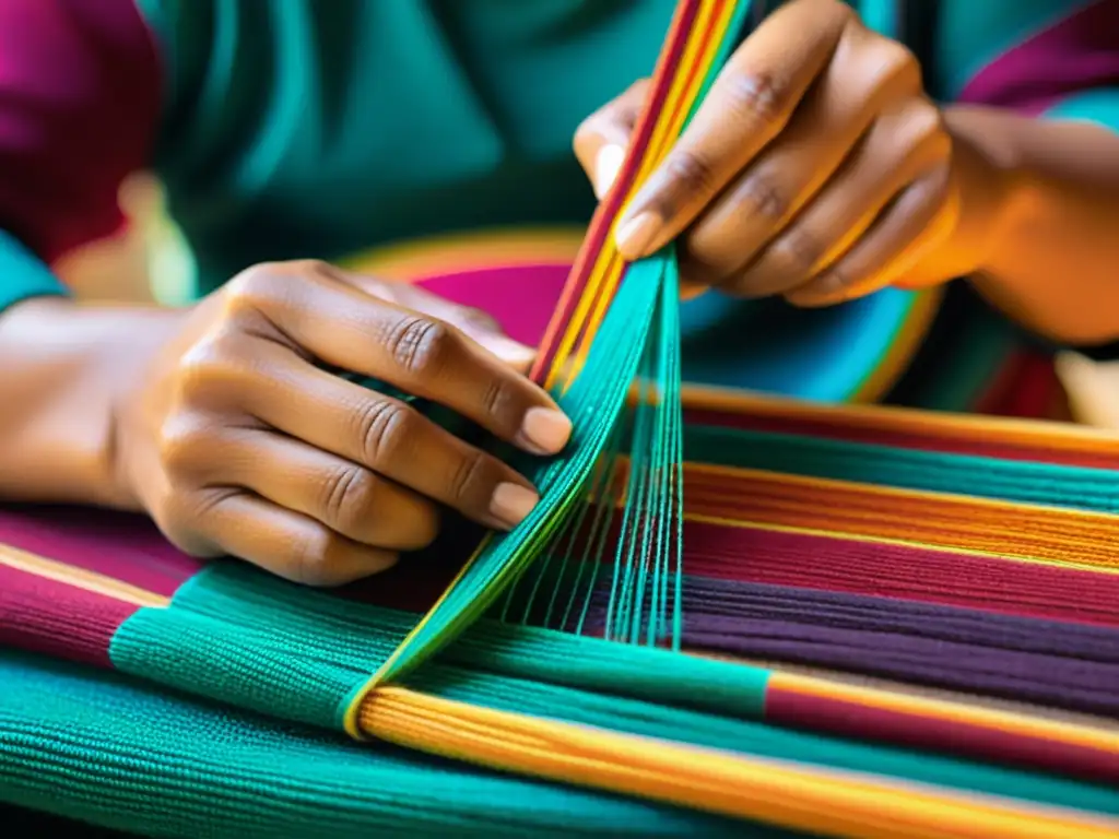Un hábil artesano indígena teje con destreza un hermoso textil, representando la invaluable protección del conocimiento tradicional y la propiedad intelectual