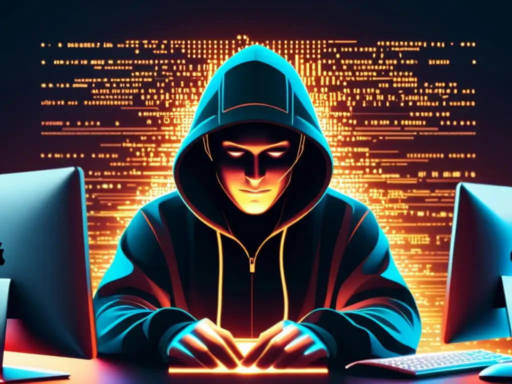 Un hábil hacker manipula código en la oscuridad, con un aura de peligro y urgencia