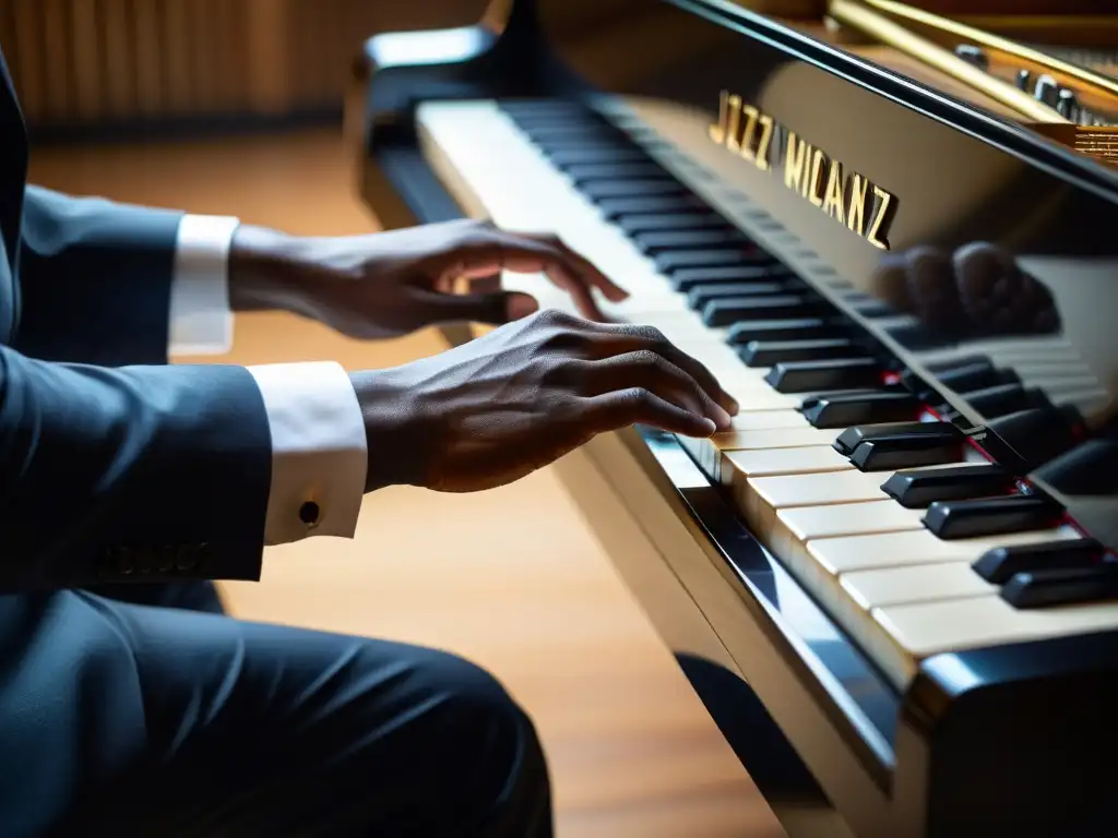 Las hábiles manos de un músico de jazz deslizándose sobre las teclas de un elegante piano