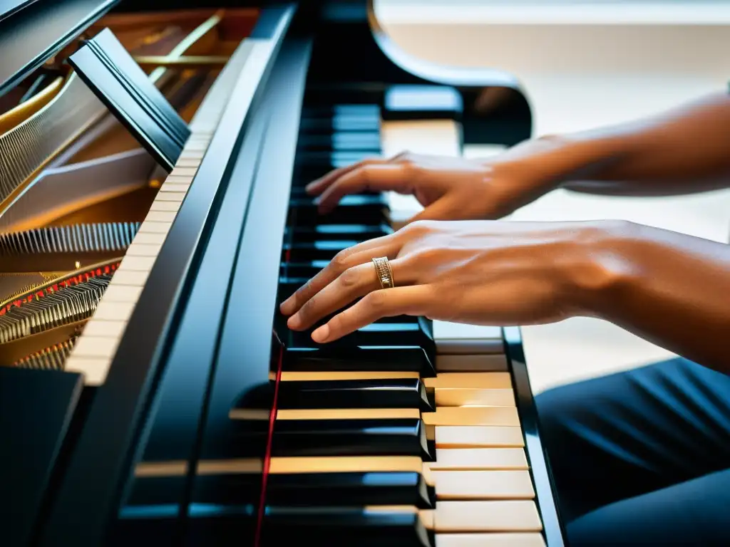 Las hábiles manos de un músico interpretando un piano de cola, transmitiendo pasión y precisión artística