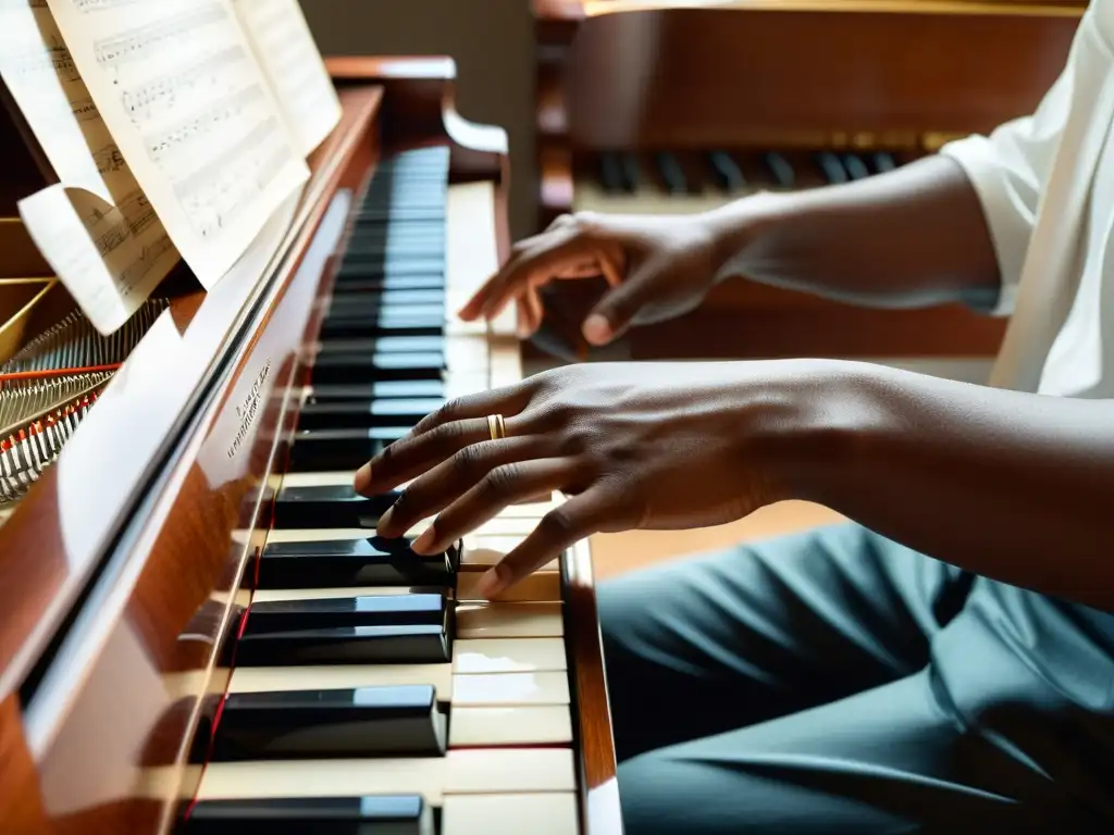 Las hábiles manos de un músico tocando un piano de cola, reflejando pasión y concentración