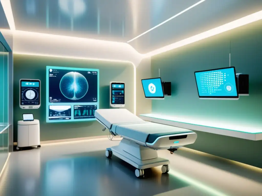 Una habitación de hospital moderna con equipos médicos futuristas e integración de Inteligencia Artificial en Salud con PI, bañada en una luz suave y calmante