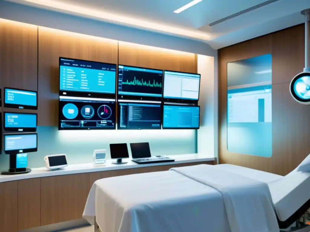 Una habitación hospitalaria moderna con tecnología innovadora integrada en dispositivos médicos, destacando el impacto de las patentes de software en la innovación de la salud