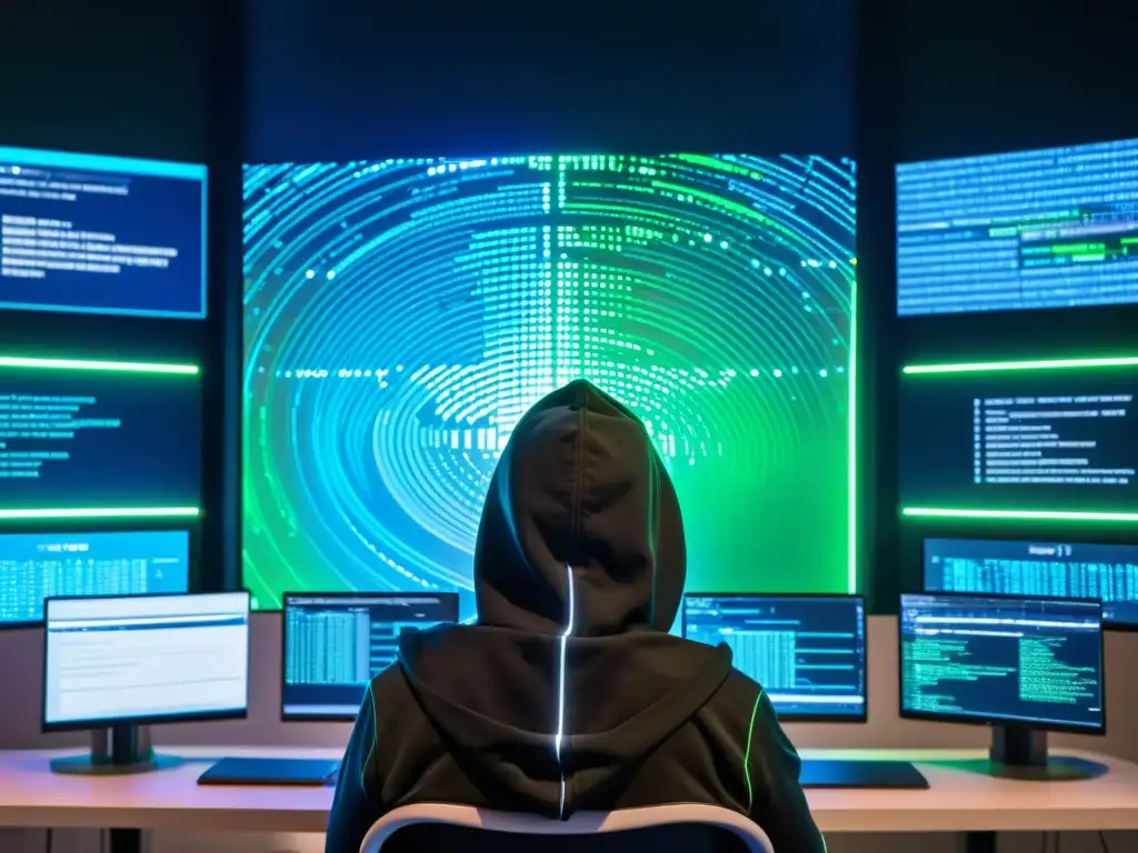 Un hacker en una capucha oscura frente a múltiples pantallas con código y visualizaciones de datos en un entorno futurista y digital