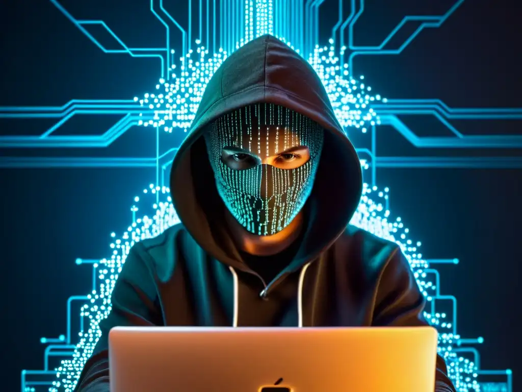 Un hacker en la oscuridad, rodeado de código y datos, simbolizando la ciberseguridad en comercio electrónico
