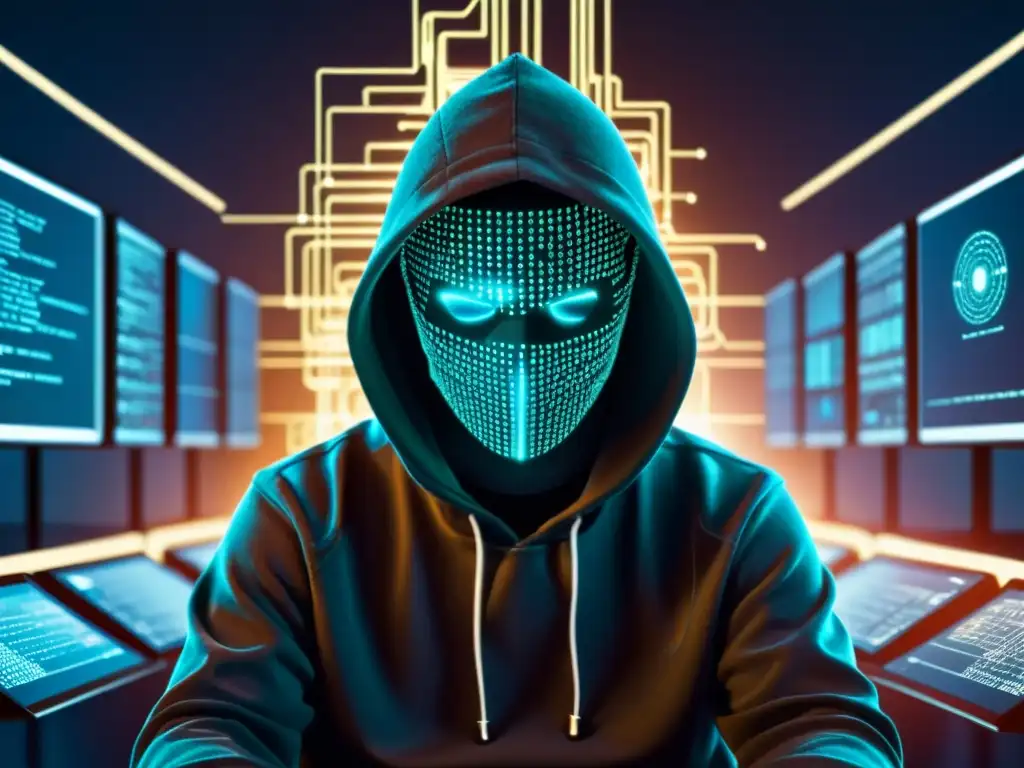 Un hacker en la oscuridad, rodeado de tecnología y código, representa la ciberpiratería