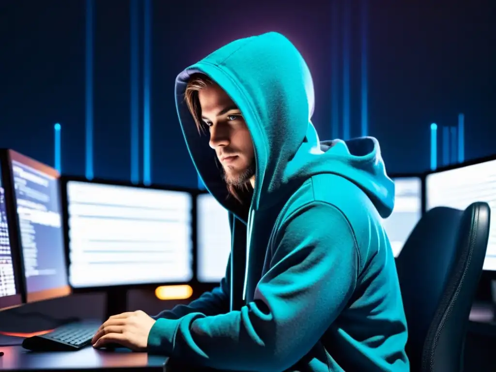 Un hacker en la penumbra frente a monitores con código, transmite intriga y habilidad