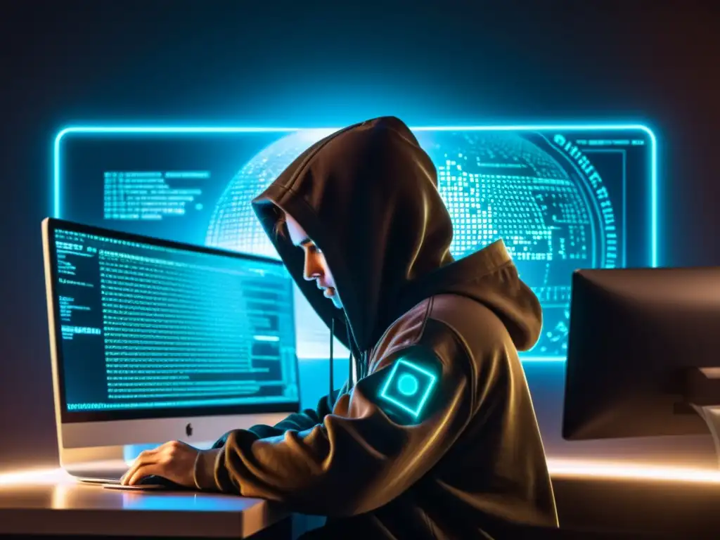 Hacker en la sombra: código y seguridad digital Un hacker en la penumbra, rodeado de líneas de código y símbolos de seguridad, manteniendo el anonimato en línea para mantenerse invisible
