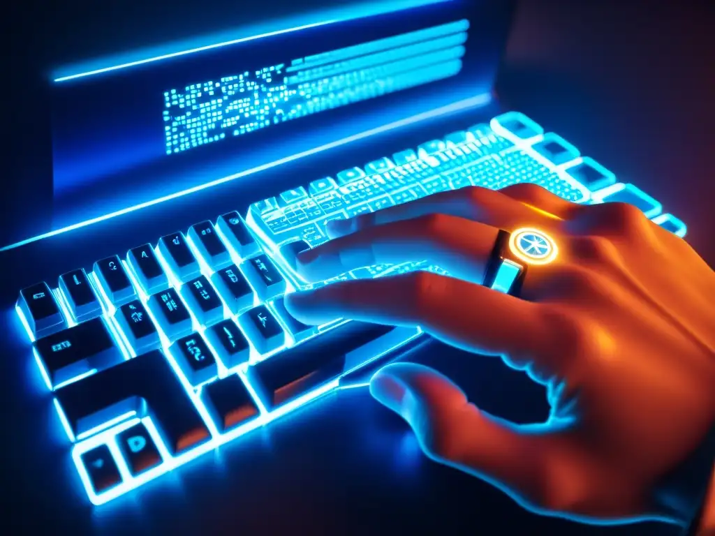 Un hacker teclea rápidamente en un teclado con líneas de código y símbolos digitales, creando un ambiente tenso de piratería digital derechos de autor