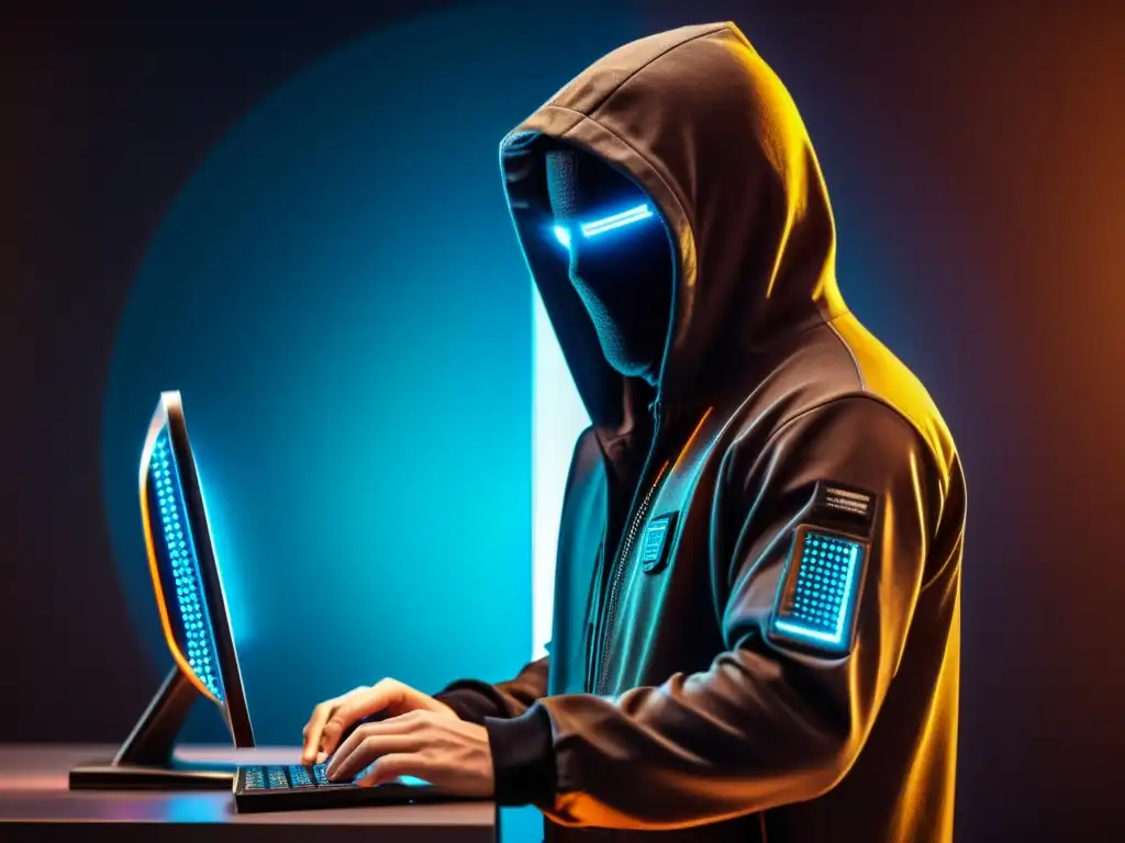 Un hacker usando tecnología avanzada para violar un sistema de seguridad digital, con gráficos futuristas y una paleta de colores oscura y ominosa, simbolizando la amenaza de ciberataques a la propiedad intelectual en la industria del entretenimiento