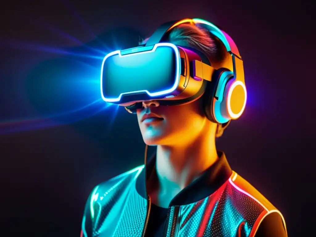 Un headset de realidad virtual futurista con luces neón vibrantes y patrones de circuitos, reflejando un evento de eSports