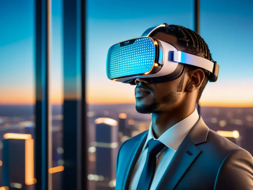 Un headset de realidad virtual futurista en una oficina legal minimalista con vistas a la ciudad