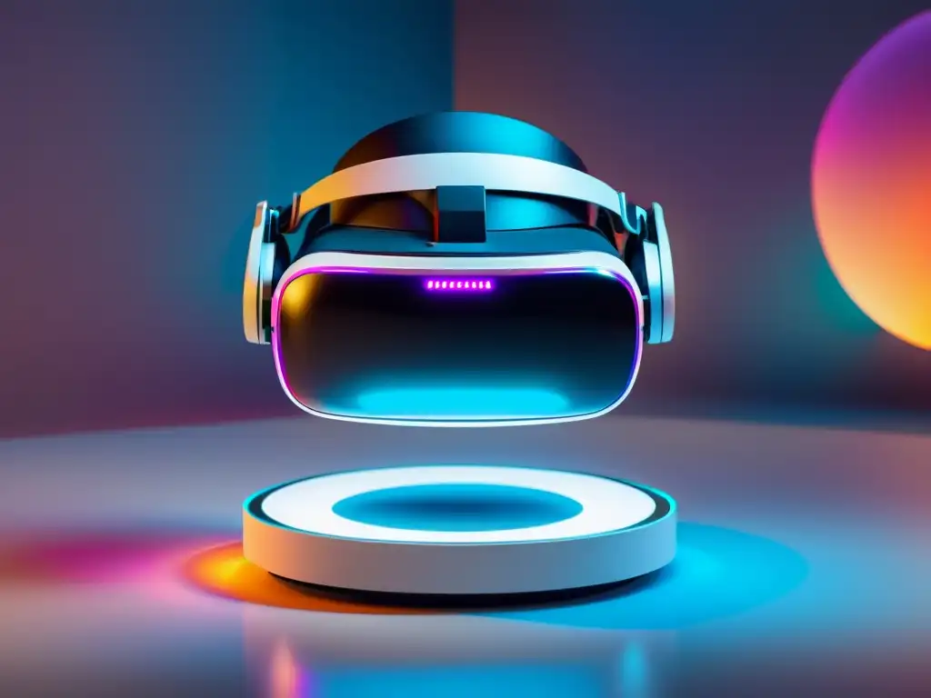 Headset de realidad virtual futurista en pedestal blanco, con brillo suave