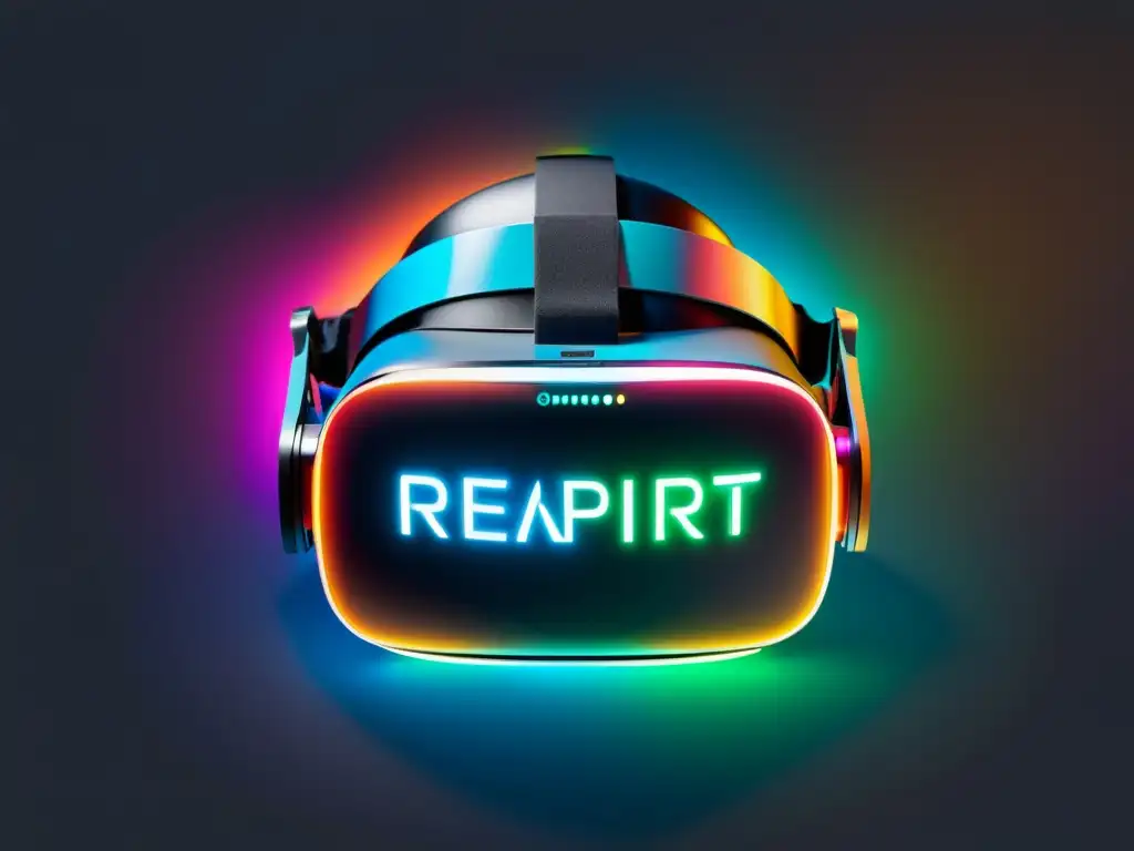 Un headset de realidad virtual con hologramas de marcas y símbolos de propiedad intelectual, en un escenario futurista y vibrante