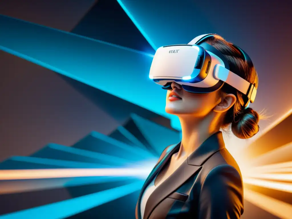 Un headset de realidad virtual inmersiva rodeado de símbolos de copyright y documentos legales, representando las leyes de propiedad intelectual en VR