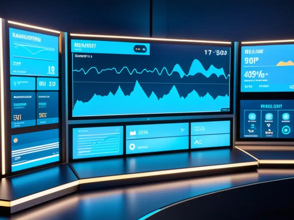 Herramientas de monitorización de marca en internet: Panel de control futurista con visualización de datos en tiempo real y gráficos avanzados