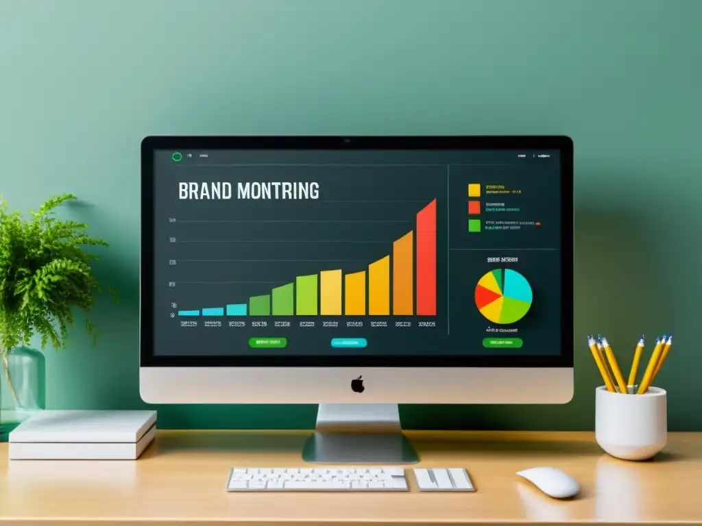 Herramientas de monitorización de marca en internet: Pantalla de ordenador moderna con gráficos coloridos y espacio de trabajo minimalista