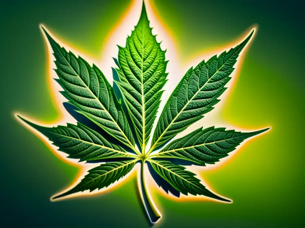 Una hoja de cannabis moderna con vibrantes tonos verdes y tricomas brillantes