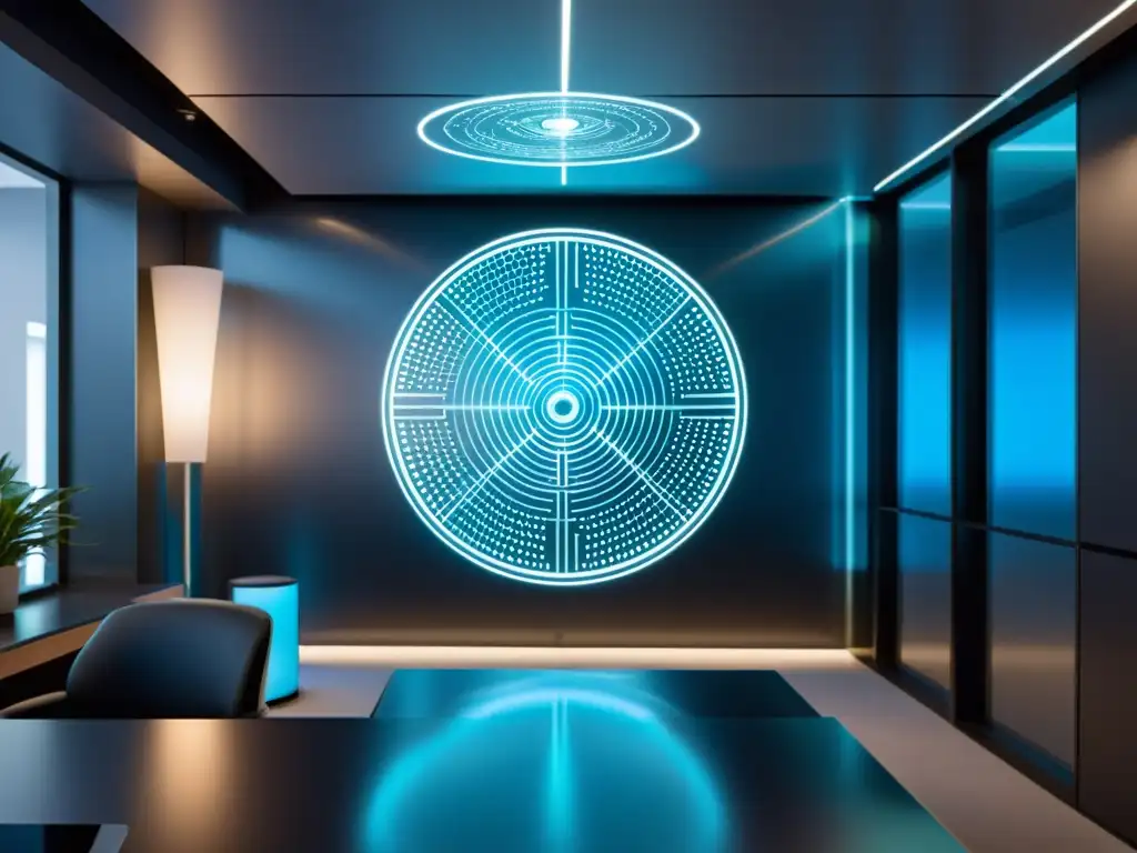 Un holograma metálico proyectado en una oficina minimalista