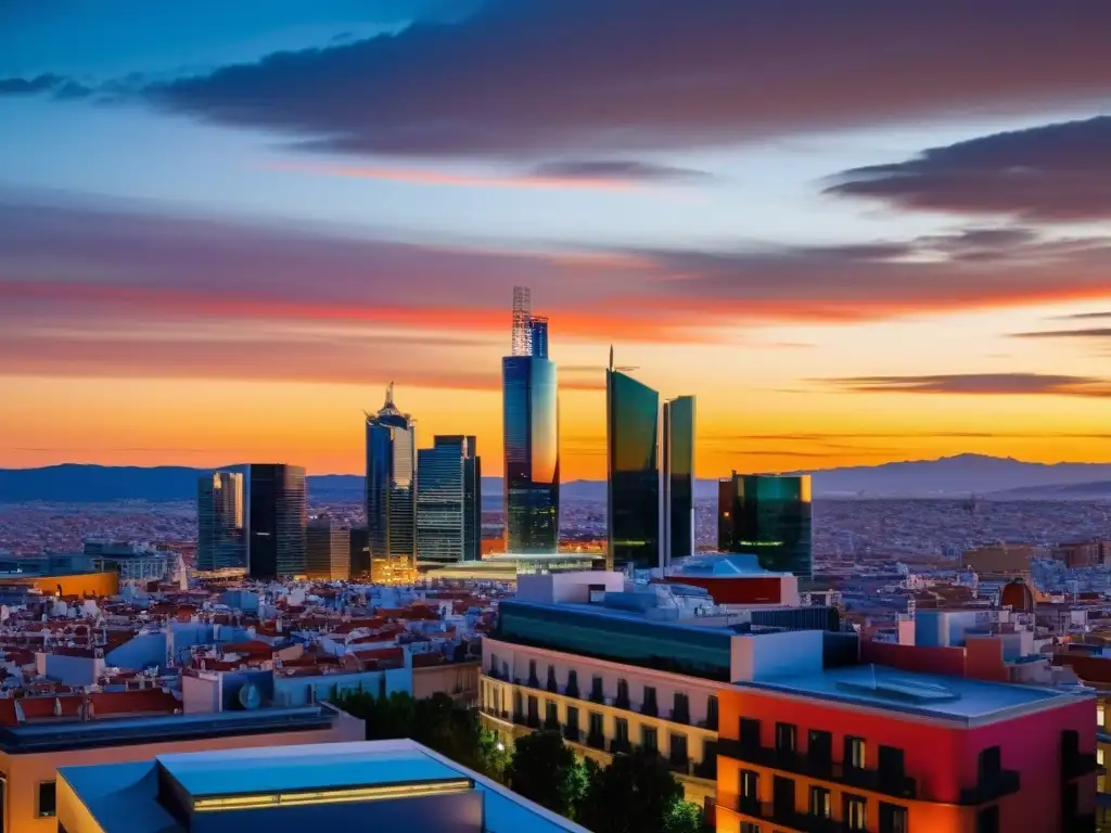 El horizonte de Madrid al atardecer, con las Cuatro Torres Business Area iluminadas, transmite innovación y profesionalidad