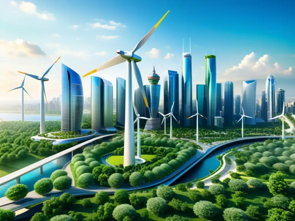 Horizonte de una ciudad futurista con rascacielos sostenibles y vegetación integrada
