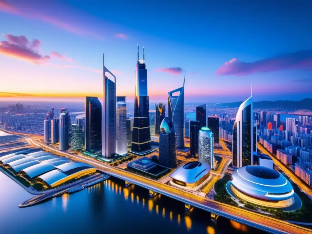 Horizonte de ciudad futurista con rascacielos reflectantes, luces LED vibrantes y vehículos AI