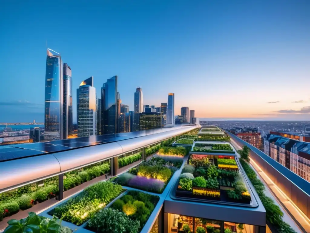 Horizonte de ciudad moderna y sostenible al atardecer, con rascacielos ecológicos iluminados y cielo despejado